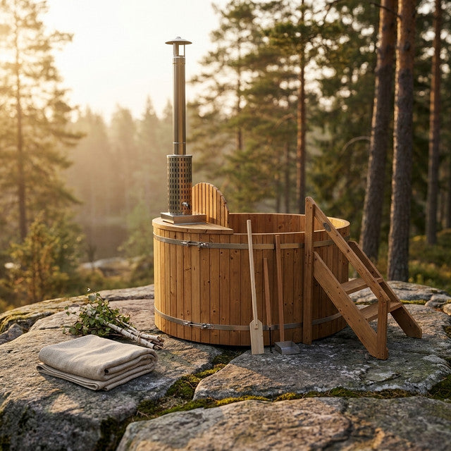 Wood Fired 4-Person to 5-Person 0-Jet Hot Tub and Ice Bath with Internal Stove Pine — Studio Shot